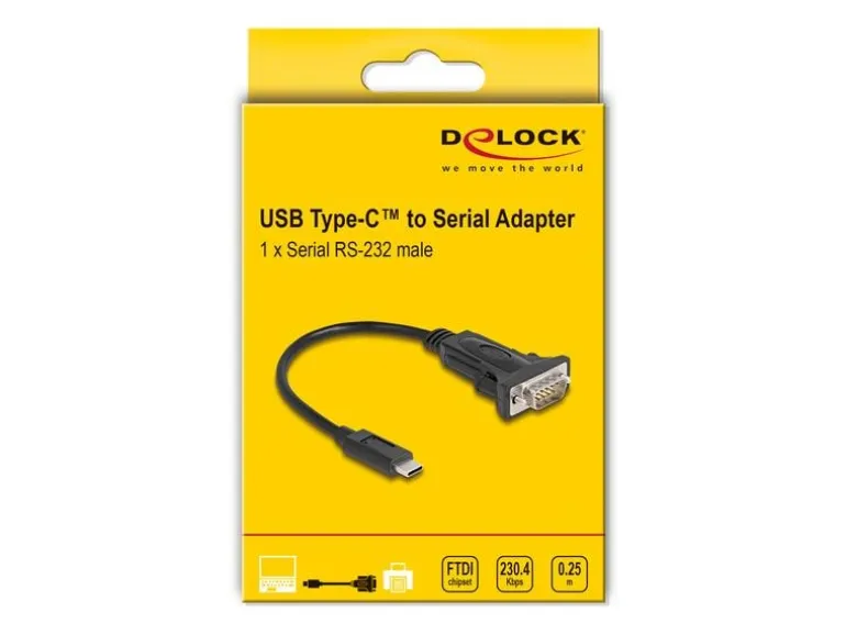 Delock Serial-Adapter USB-C – RS-232 D-Sub 9 Pin mit Schraube 0.25m