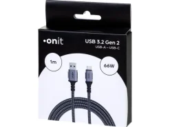 onit USB 3.1-Kabel 66 W, USB-A - USB-C, 1 m, Schwarz/Grau