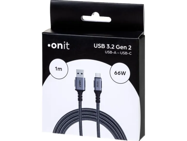 onit USB 3.1-Kabel 66 W, USB-A - USB-C, 1 m, Schwarz/Grau
