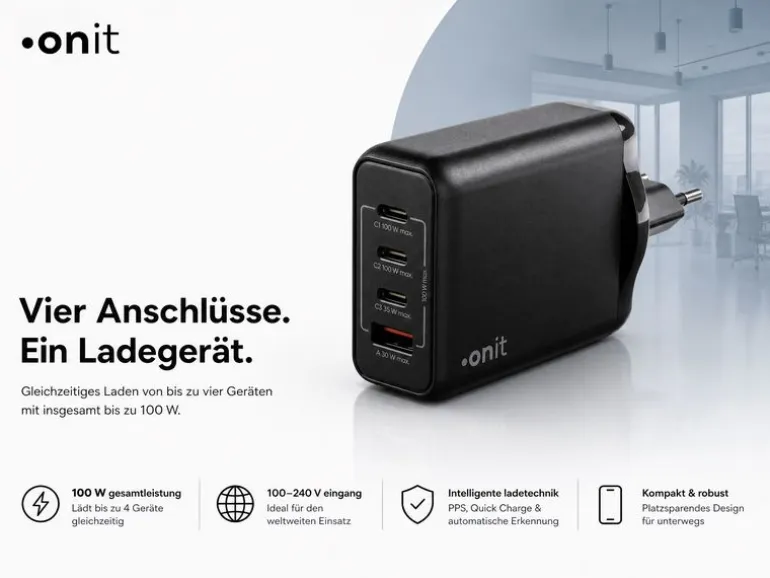 onit USB-Wandladegerät Quad 3C1A 100 W GaN Schwarz