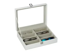 relaxdays Brillenbox Kunstleder Glas Weiss Transparent