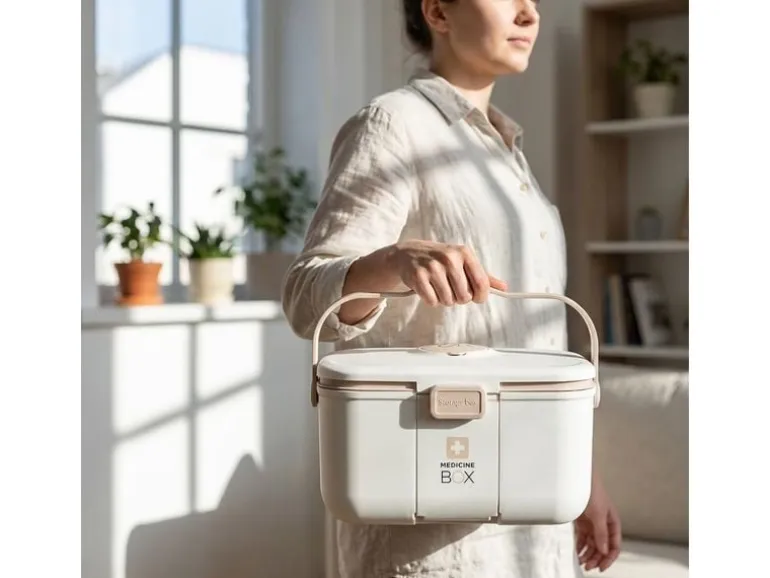 relaxdays Medizinbox aus Kunststoff Beige/Weiss 17 x 28 x 18 cm