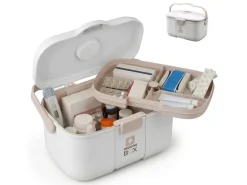 relaxdays Medizinbox aus Kunststoff Beige/Weiss 17 x 28 x 18 cm