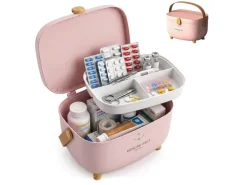relaxdays Medizinbox aus Kunststoff Hellbraun/Rosa 18 x 28 x 20 cm