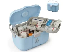 relaxdays Medizinbox aus Kunststoff Grau/Hellblau 17 x 28 x 18 cm